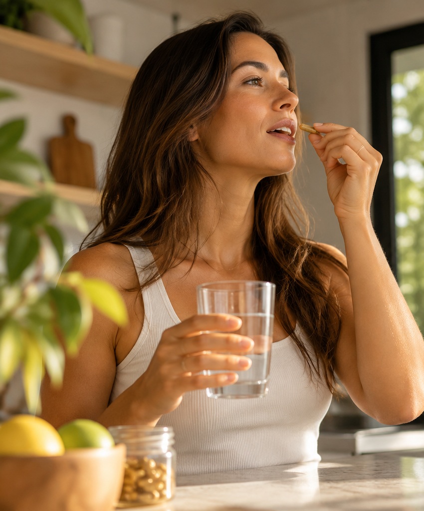 Woman taking a daily supplement with water